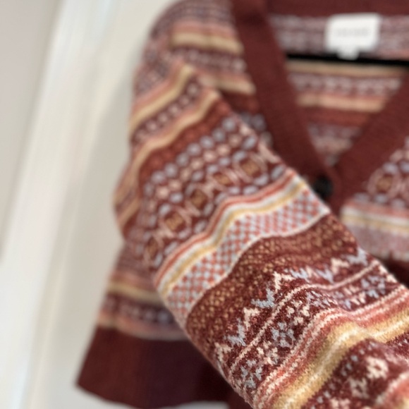 Pink Rose Sz:S Maroon Cream Striped Geometric Vneck Button Cardigan Sweater. - Picture 10 of 10